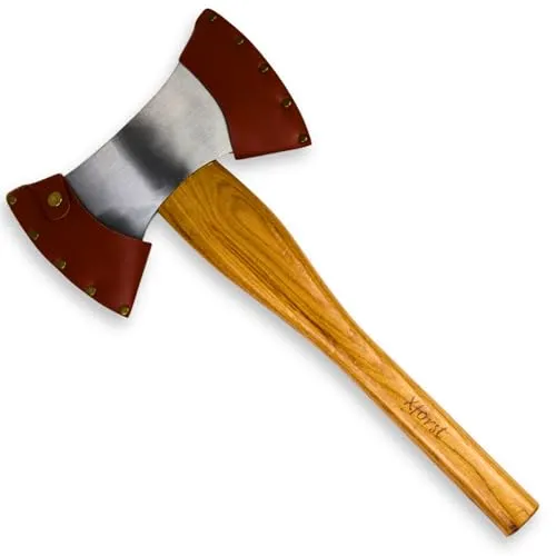 Xforst Doppelkopfaxt - Handbeil aus geschmiedetem Karbonstahl - Äxte, handgeschmiedet aus hochwertigem Karbonstahl mit einem stabilen Hickory Holzstiel. Ideal für Outdoor-Aktivitäten, leicht und langlebig.