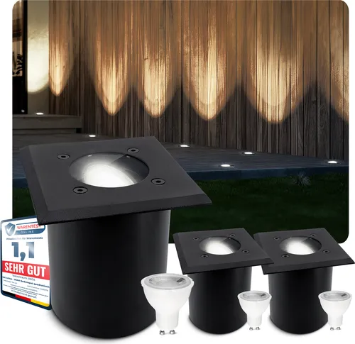 SSC-LUXon JUAVI 3er Set Bodenleuchte - Begehbare Außenlampe mit GU10 LED - Wetterfeste quadratische Bodenleuchte für Garten und Terrasse, befahrbar bis 2000 kg, mit schwenkbarem LED-Strahler für gezielte Beleuchtung.