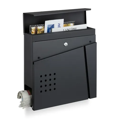 Relaxdays Briefkasten mit Zeitungsfach - Wandbriefkasten aus pulverbeschichtetem Stahl in Schwarz, mit Sichtfenster und abschließbarem Zylinderschloss für maximale Sicherheit.