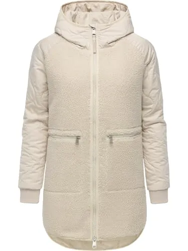 Ragwear Damen Teddyfleece Kurzmantel YOUMODO Ecru25 Gr. L - Funktionsjacken: Urbaner Plüschmantel mit Kapuze, ideal für kühle Tage und kombiniert Komfort mit modischem Style.