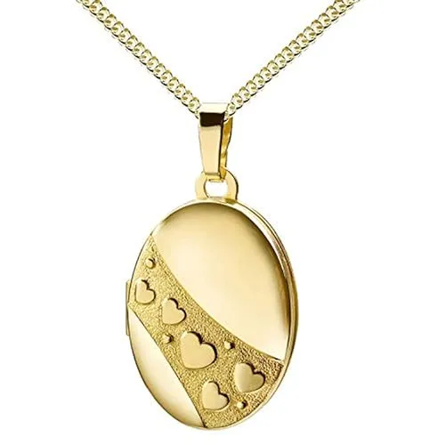 JEVELION Medaillon für 2 Bilder 333 Gold 8 Karat Bild Amulett mit Herzen zum Öffnen für Damen mit Halskette und Schmuck-Etui Mit hochwertiger Schmuck-Kette 925 Silber vergoldet - Kettenlänge 70 cm.
