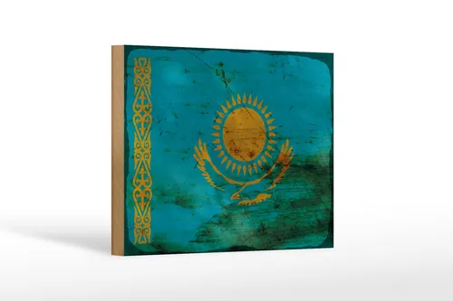Holzschild Flagge Kasachstan 18x12 cm Kazakhstan Rost Deko Schild