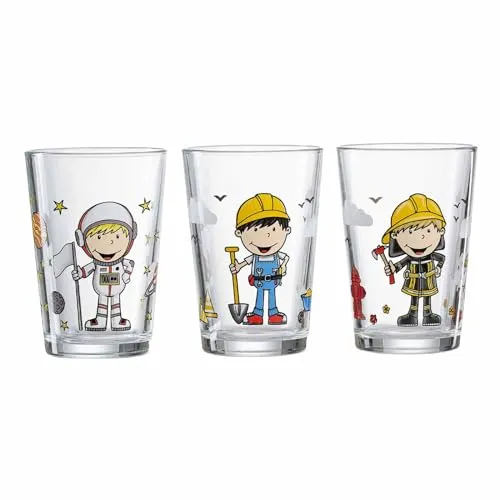Ritzenhoff & Breker Kindergläser Astronaut, Bauarbeiter, Feuerwehrmann, Jungen, 3er Set, 205 ml, Bedruckte Kinderbecher, Spülmaschinengeeignet