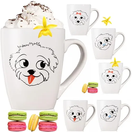 PLATINUX Kaffeetassen mit Griff Set 6 Teilig mit Hunde Motiv 250ml Teetasse Tasse Kaffeebecher Teebecher aus Keramik