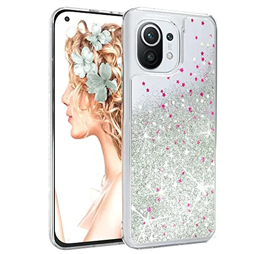 EAZY CASE Hülle kompatibel mit Xiaomi Mi 11 / Mi 11 5G Schutzhülle mit Flüssig-Glitzer, Handyhülle, Schutzhülle, Back Cover mit Glitter Flüssigkeit, TPU/Silikon, Transparent/Durchsichtig, Silber