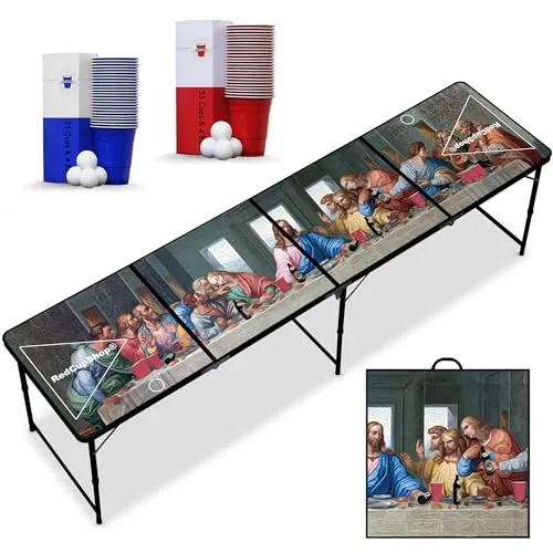 RedCupShop® Beer Pong Tisch „Abendmahl“ – Klappbar & Tragbar für Partys - Trinkspiele – Einzigartiges Abendmahl-Design sorgt für Gespräche. Inklusive 50 Bechern & 8 Bällen, wasserabweisend und kratzfest – perfekt für spontane Feiern!