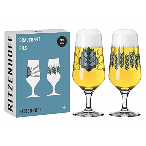 RITZENHOFF 6201001 Bierglas 374 ml 2er Set Serie Brauchzeit mit Illustrationen, mehrfarbig Made in Germany
