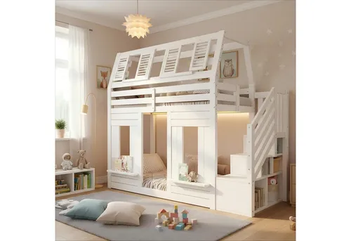 OKWISH Hochbett Etagenbett 90x200cm mit Fenster-Design & LED