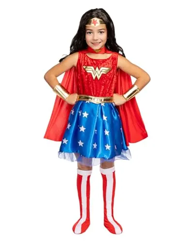 Funidelia Wonder Woman Kinderkostüm für Mädchen, 100% offiziell - Buntes 100% offizielles Wonder Woman Kostüm für Mädchen, ideal für Karneval, Halloween und Geburtstagsfeiern. Inklusive Kleid, Umhang und Tiara – für unvergessliche Superhelden-Momente!