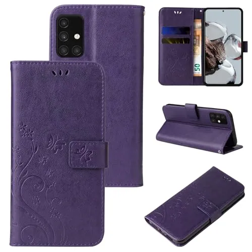 LBH Handy Hülle für Samsung Galaxy A71 Case Handytasche Schmetterling Blumen Flower Standfunktion Schutzhülle Magnet Rundum Schutz 360 Grad Flipcase Cover Violett