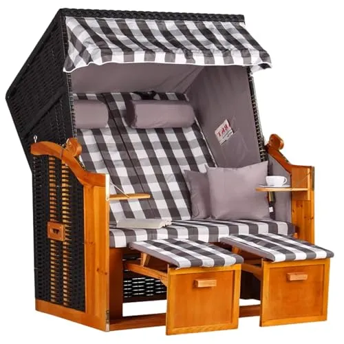 MR. DEKO Strandkorb Ostsee Volllieger 2-Sitzer | PE Geflecht Schwarz Bezug Uni grau | inkl. 4 Kissen & Klapptisch | Strandstuhl verstellbar | Strandkörbe Hartholz Fußablage (Dessin Grau Kariert)