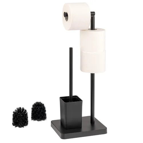 eluno 3in1 Stand-WC-Garnitur, schwarz - WC-Bürstenhalter, Papier-Rollenhalter und Ersatzrollen-Halter in einem. Elegantes, freistehendes Design ohne Bohren, ideal für jedes Bad.