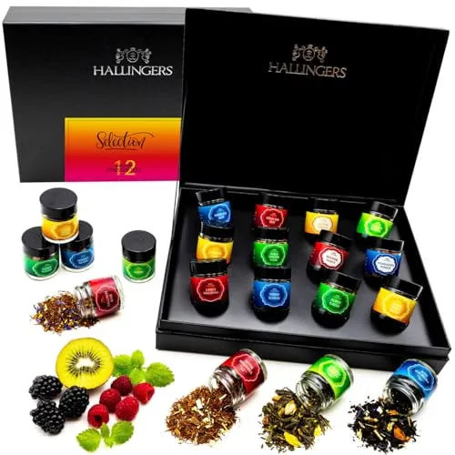 Hallingers 12 Sorten Tee Geschenkset mit Organizer, vegan & glutenfrei in Schraubgläsern - Made in Germany