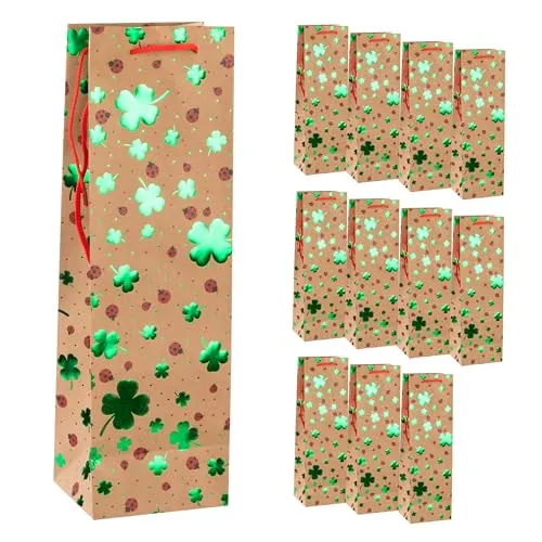 Idena 90534 - Flaschentaschen Kleeblätter, 12 Stück, Geschenktaschen in der Größe 12 x 10 x 35 cm, Papiertüten mit grünem Glanz-Effekt