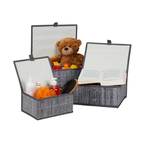 Relaxdays Aufbewahrungskorb 3er Set, grau - Dekokörbe aus feuchtigkeitsabsorbierendem Bambus für Ordnung im Bad, Wohnzimmer oder Kinderzimmer. Mit praktischem Deckel für staubfreie Aufbewahrung von Socken, Spielzeug und mehr.