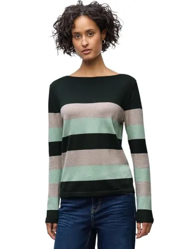 Street One Damen 3016870 Gestreifter Pullover, Juniper Green, 44 - Stylischer Damenpullover mit U-Boot-Ausschnitt und trendigen Streifen, perfekt für einen modischen Look in der Freizeit.