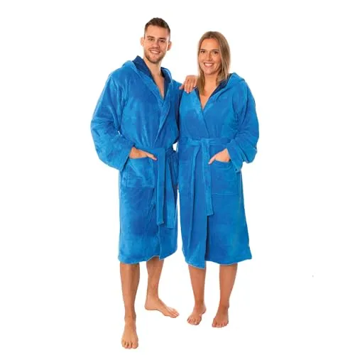 Lavea® Bademantel Damen und Herren, Unisex Morgenmantel mit Kapuze, Soft-Velour und Frottier, Bambus Baumwoll-Mischung, weich, 2 Taschen, Bindegürtel, Sauna & Wellness, XL, Himmelblau