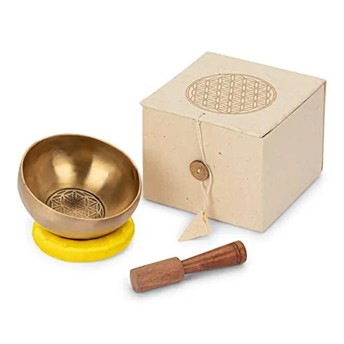 NKlaus Klangschalen Set 280g – Handgefertigte Klangschale mit Klöppel und Pad - Klangschalen Set aus hochwertigem Metall, inklusive Untersetzer und Klangstab. Ideal für Meditation und Entspannung, handgefertigt mit der Blume des Lebens.