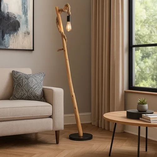 Stehlampe Wohnzimmer Schwarz Holz mit Hanfseil - Stehleuchte im Landhausstil aus Metall und Holz, mit E27 Fassung für individuelle Lichtgestaltung. Ideal für gemütliche Wohnräume, Höhe 150 cm.