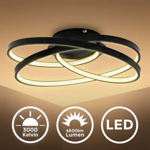 B.K.Licht LED Deckenlampe - Elegante Ringleuchte in Schwarz - Moderne LED Deckenleuchte mit warmweißer Lichtfarbe (3000K) und 4600 Lumen, ideal für Wohnzimmer, Küche oder Flur. Geschwungenes Design sorgt für eine stilvolle Atmosphäre.