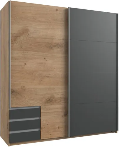 Boxxx Schwebetürenschrank in Graphit und Plankeneiche - Eleganter Schwebetürenschrank mit 5 Fächern und 3 Schubladen, bietet optimalen Stauraum und verstellbare Einlegeböden für individuelle Organisation im Schlafzimmer.