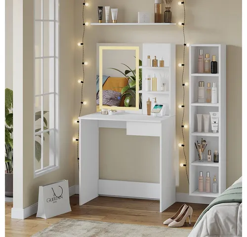 Vicco Schminktisch Dekos mit LED-Spiegel und QI-Ladestation - Schminktisch in Weiß, 75 cm mit großem LED-Spiegel und integrierter QI-Ladestation für kabelloses Aufladen – ideal für Make-Up- und Beauty-Fans.