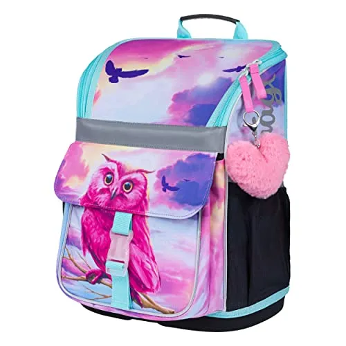 Baagl Schulranzen Eule - Ergonomische Schultasche für Mädchen - Schulranzen für 1. Klasse, ergonomisch und leicht, ideal für kleinere Kinder. Mit durchdachtem Innenraum-Design für Ordnung und optimalem Tragekomfort.