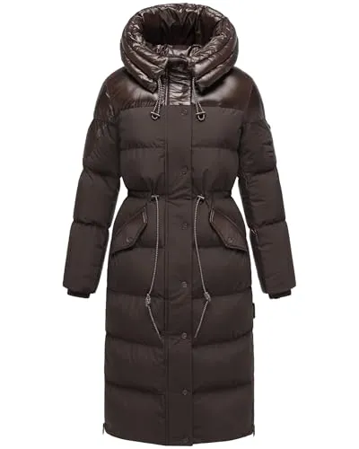 Navahoo Damen Langer Wintermantel warmer Steppmantel aus einem angesagten Materialmix und großer Kapuze Knusperherz 14 Choco Gr. L