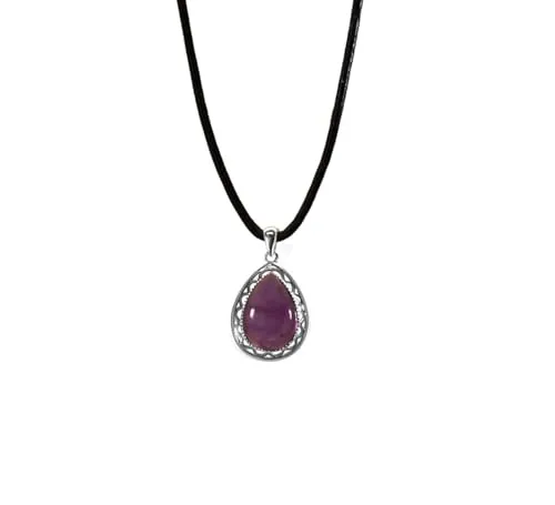 Edellis Halskette mit Tropfen Anhänger aus Naturstein und Ziegenleder versehen mit einem Verschluss aus Sterling Silber. (Amethyst, 42 cm)