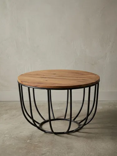 Couchtisch WL5.677 - Rund, Sheesham Massivholz & Metall im Industrial-Stil - Stylischer Couchtisch im Industrial-Design aus massivem Sheeshamholz. Das offene Korbgestell sorgt für Leichtigkeit und macht ihn zum idealen Kaffeetisch für jedes Wohnzimmer.