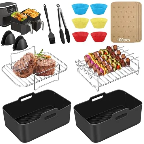 MILFECH Heißluftfritteuse Zubehör Set für Ninja Foodi - 15-teiliges Zubehörset für Dual Zone Air Fryer, BPA-frei und spülmaschinenfest, ideal für gesunde und schnelle Zubereitung von Speisen für die ganze Familie.