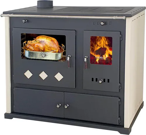 Kaminofen Pracktik Lux Beige mit Backfach und Herdplatte - Küchenofen für effizientes Heizen und Kochen, elegantes Design mit Backkammer für Pizza, Kuchen und mehr, energieeffizient mit 9,5 kW Leistung.