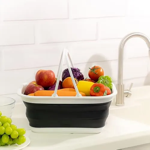 Sammart 15,5 l Faltbare Wanne mit Griff – tragbarer Picknickkorb/-Krater – Faltbare Einkaufstasche – platzsparende Aufbewahrungsbox (Schwarz)