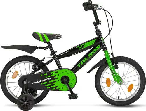 Talson 16 Zoll Kinderfahrrad - Schwarz-Grün mit Kettenschutz und Stützrädern - Straßenfahrräder für Kinder, ideal für Sicherheit und Spaß dank umfangreichem Zubehör und stabilen Stützrädern.