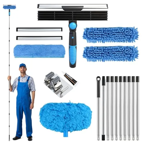 Feelhap 4 in 1 Teleskop Fensterwischer Set – 4,3M Fensterputzer mit Mikrofasertüchern