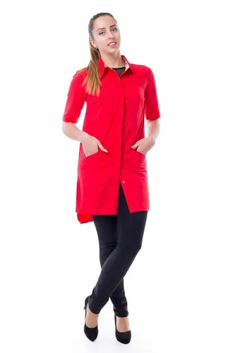 Kittel Hemd Arbeitsmantel Damenkasack Tunika Berufskleidung - Stylischer Damenkasack aus hochwertigem Krepp, ausgestattet mit praktischen Taschen und regulierbaren Ärmeln. Ideal für den professionellen Einsatz in der Friseurbranche.