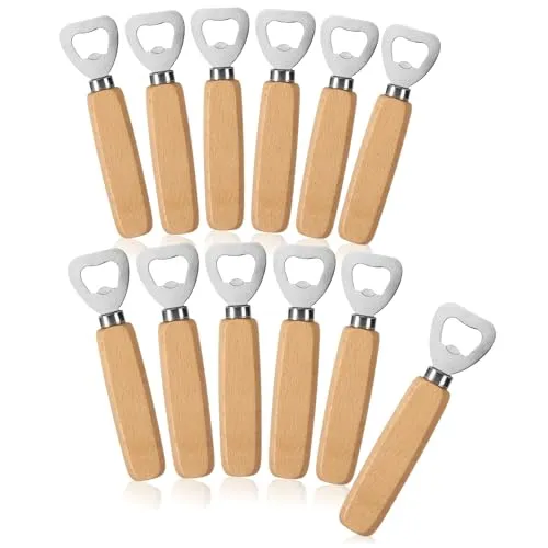 com-four® 12x Flaschenöffner aus rostfreiem Edelstahl - mit ergonomischem Buchenholz-Griff - Kapselheber ohne Logo - formschöner Bierflaschenöffner (12 Stück - Holz)