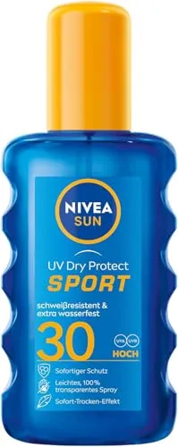 NIVEA SUN UV Dry Protect Sport Sonnenspray LSF 30 (200 ml), 100% transparenter Sonnenschutz speziell für Sportler, schweißresistente & extra wasserfeste Sonnencreme