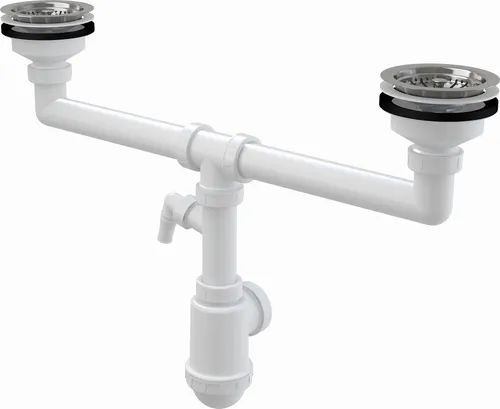 Siphon für Doppelspülbecken Edelstahl Gitter DN 115 - Universal Anschluss DN40/50, inklusive Geräteanschluss für Spülmaschine und hohe Ablaufleistung von 83,4 l/min