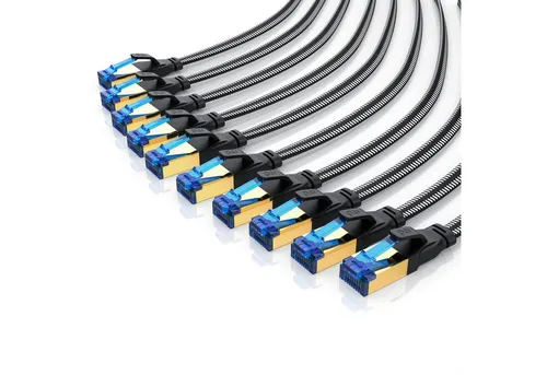 Primewire CAT.8 Patchkabel, 0,25m, flach, schwarz - 10er Set flacher CAT.8 Patchkabel für optimale Netzwerkverbindungen. Mit robuster Knickschutzhülle und vergoldeten Kontakten für zuverlässige Leistung in Computernetzwerken.