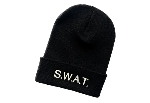Schnoschi Strickmütze Strickmütze mit breiten Umschlag (Beanie Mütze) mit SWAT bestickt mit Umschlag