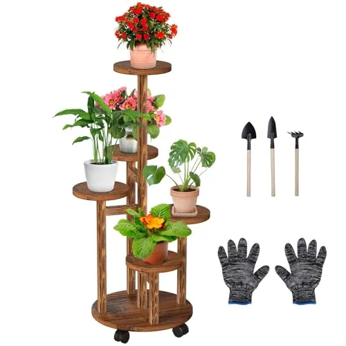 Wuciray Blumenständer Holz Pflanzenständer mit Rädern 5-Tier Pflanzentreppe Pflanzenregal Blumenbank Blumenregal Blumentreppe Balkon Regal Innen Outdoor Terrasse deko Wohnung
