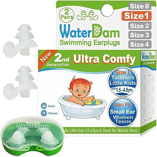 Produktbild WaterDam Schwimm-Ohrstöpsel, wasserdicht, ultra-bequem, verhindern Schwimmerohren, Größe 1 + 1: Kleinkinder & extra kleine Ohren, Teens & Damen (transparent)