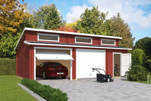 Lasita Garage Stufendach 44 mm Hawaii mit Schwingtor rot 820x520 cm - Gartenhäuser & Carports: Robuste Garage mit 39.4 m² Nutzfläche, abschließbarem Schwingtor und hochwertiger Holzbauweise für optimale Sicherheit.