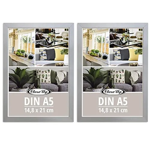Close Up Bilderrahmen 2er Set DIN A5 (14,8 x 21 cm) | Holzdekor (MDF) Silber mit Rückwand und Aufsteller | PVC-Scheibe (unzerbrechlich) Profilbreite 15 mm