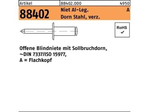 250er PACK(Stk)  088402000000060010 Blindniete R 88402 Flachkopf 6 x 10 Niet Alu