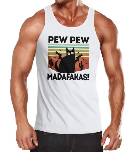 MoonWorks Tanktop Herren Tanktop Pew Pew Madafakas! schwarze Katze Spruch Meme lustig Muscle Shirt Achselshirt Moonworks® mit Print