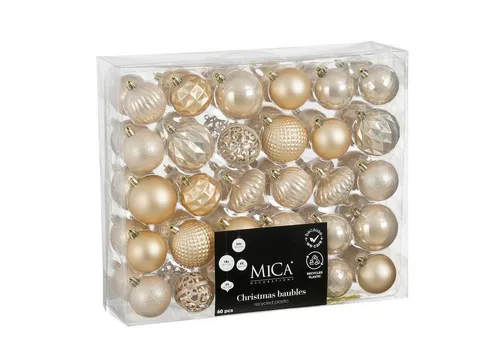 Mica Decorations Weihnachtsbaumkugel bruchfest creme 60 Stück - 7 cm - Hochwertige bruchfeste Weihnachtsbaumkugeln in sahniger Farbe, perfekt für eine festliche Dekoration. Ideal für den professionellen Einsatz oder zu Hause.