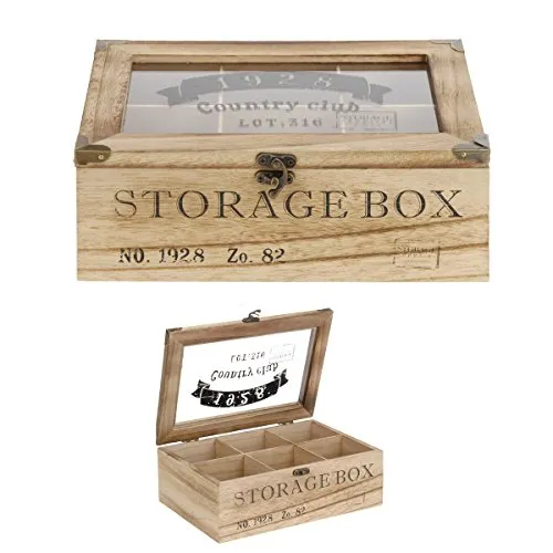 Markenlos Vintage Teebox 6Fächer 24x16,5x8,5cm Teekistchen Teebeutelbox Teekiste Teedose