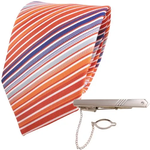 TigerTie XXL Designer Krawatte orange reinorange blau weiß creme gestreift + Krawattennadel
